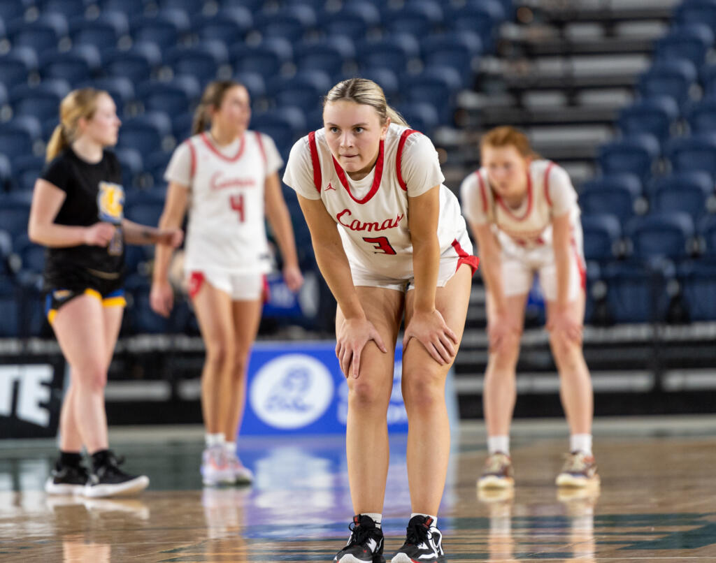 Camas junior guard Riley Sanz waits for play to begin during a Class 4A State girls basketball semifinal on Friday, March 3, 2023, at the Tacoma Dome.