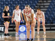 Camas junior guard Riley Sanz waits for play to begin during a Class 4A State girls basketball semifinal on Friday, March 3, 2023, at the Tacoma Dome.