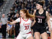 Camas junior forward Addison Harris and Eastlake senior post Ava Schmidt battle for post position during the WIAA Class 4A State Girls Basketball Championship on Saturday, March 4, 2023, at the Tacoma Dome.