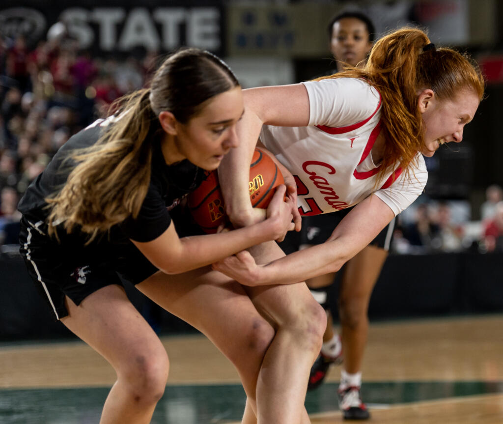 Camas junior forward Addison Harris fights for a rebound during the WIAA Class 4A State Girls Basketball Championship on Saturday, March 4, 2023, at the Tacoma Dome.