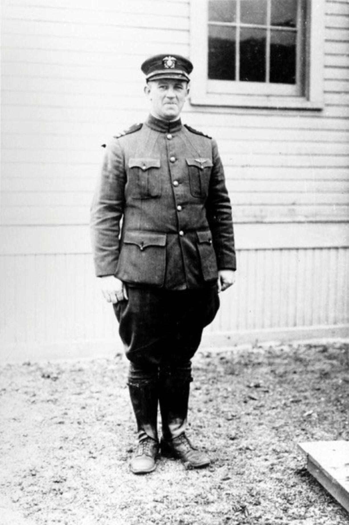 Lt. Louis Barin (1890-1920) sports his Naval officer's uniform. Barin built his airplanes. One lifted 20 feet skyward, then nose-dived into the earth. He chopped it into kindling and stored it in the basement of his Portland home. In 1919, he piloted a flying boat attempting the first crossing of the Atlantic.