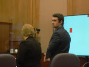 Jacob Cantrell, right, stands next to his defense attorney, Josephine Townsend, during his second-degree attempted murder and first-degree assault trial Tuesday in Clark County Superior Court. Cantrell claims he shot another man in June 2022 in his east Vancouver driveway in self-defense.