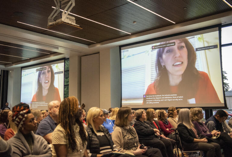 Lindy Forrest gives a virtual public comment Tuesday, March 14, 2023, during an Evergreen Public Schools meeting at Evergreen Public Schools Headquarters.