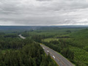 Interstate 5 slicing through dense woods near Castle Rock in Cowlitz County, as seen from a drone shot taken from a Toutle River rest area. The area could host wildlife crossings, connecting habitats between the Cascade Mountains and Olympic Peninsula.