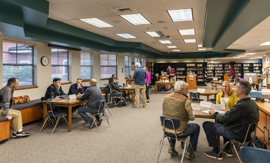 Washougal School District board members and other staff sit and answer questions Tuesday at Washougal High School. Washougal School District is holding "listening sessions" to hear feedback from community members in the wake of February's failed levy vote.