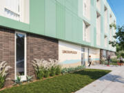 A rendering of Lincoln Place II, a permanent supportive housing complex being designed by Access Architecture, has floor-to-ceiling windows, muted natural colors and a brick exterior on the ground floor to create a calming atmosphere for people exiting homelessness.