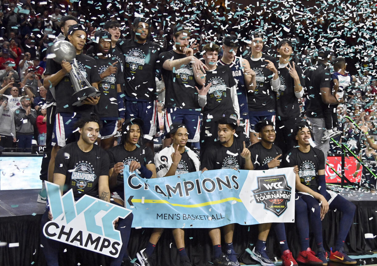 Gonzaga celebrates after the team defeated Saint Mary's in an NCAA college basketball game in the finals of the West Coast Conference men's tournament Tuesday, March 7, 2023, in Las Vegas.