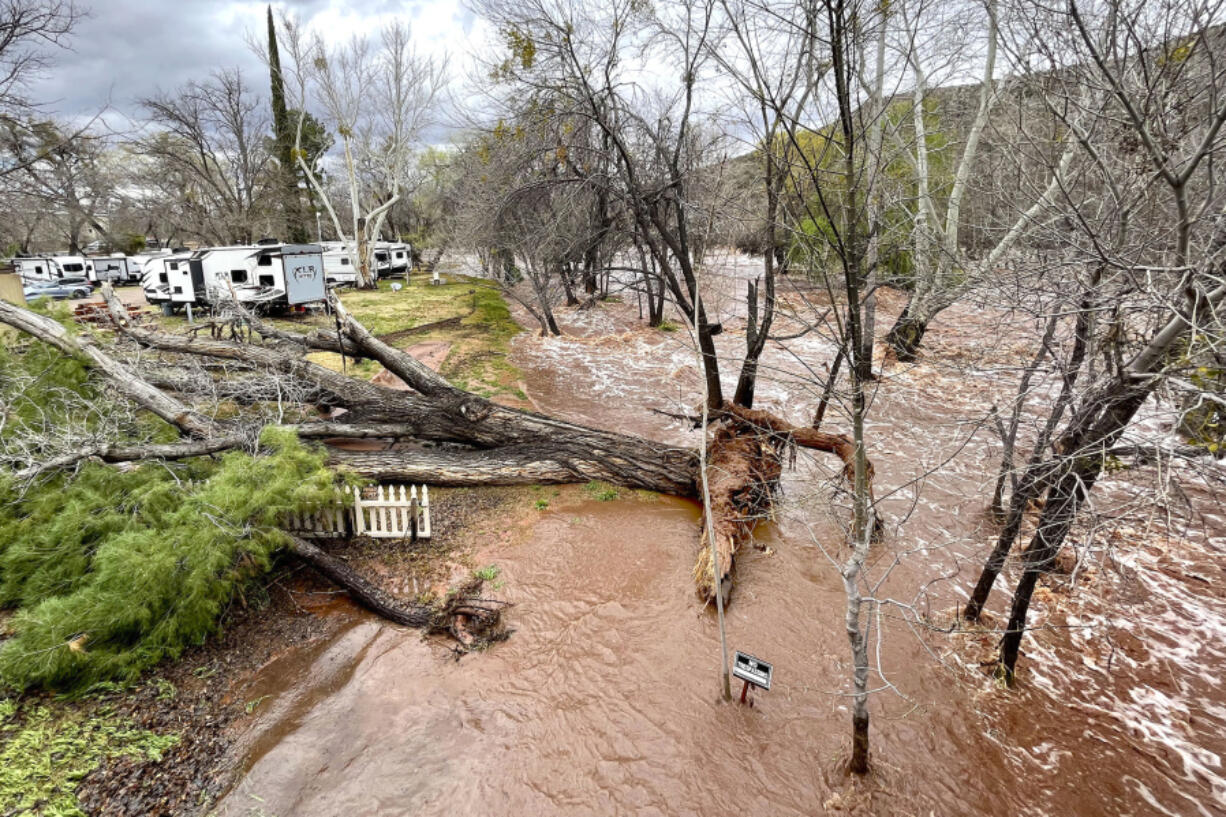 A creek running alongside an RV park rises with heavy rain and runoff Wednesday, March 22, 2023, near Cornville, Ariz. Several water rescues were reported across central and northern Arizona on Wednesday.