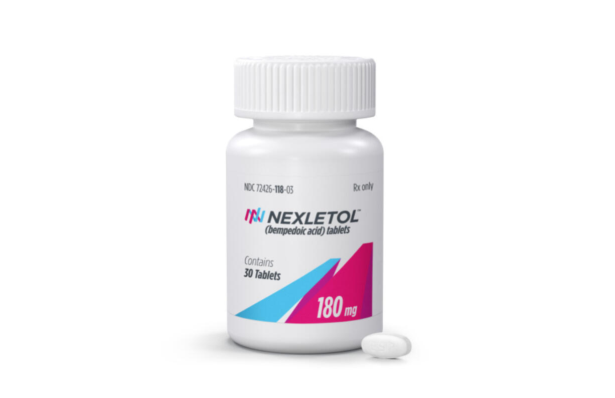 FILE- This undated photo provided by Esperion Therapeutics Inc. shows the cholesterol-lowering drug Nexletol. In a major study released Saturday, March 4, 2023, Nexletol reduced the risk of heart attacks and other health problems in people who can't take drugs called statins, the main cholesterol-lowering treatment. (Esperion Therapeutics Inc.