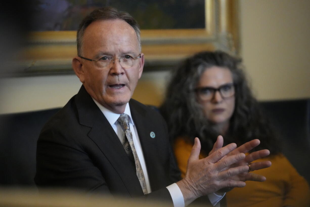 Utah Senate President Stuart Adams speaks during a media availability, Monday, Feb. 27, 2023, at the Utah State Capitol, in Salt Lake City. A push to mandate that members of religious clergy report child sexual abuse when it's brought to their attention is facing pushback from churches throughout the United States. That's the case in Utah, where four separate proposals to narrow the so-called clergy-penitent privilege loophole have not received hearings in the statehouse as lawmakers prepare to adjourn for the year.