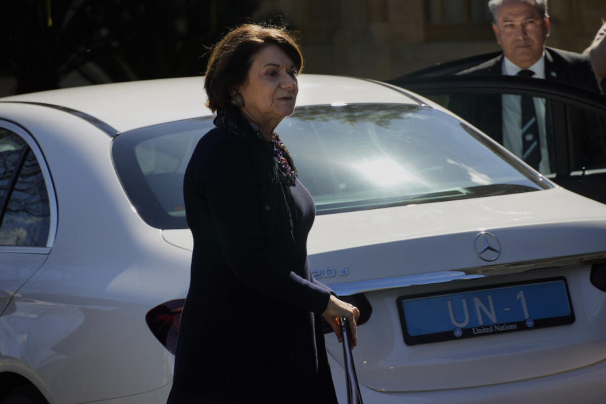 U.N. Under-Secretary-General for Political and Peacebuilding Affairs Rosemary DiCarlo arrives at the presidential palace for a meeting with Cyprus' President Nikos Christodoulides, in divided capital Nicosia, Cyprus, Wednesday, March 15, 2023. DiCarlo said the U.N. remains committed to helping rival Greek Cypriots and Turkish Cypriots reach an agreement remedying the island nation's ethnic cleave that has been the source of instability in the east Mediterranean for decades.