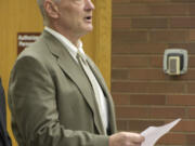 Michael Konschak reads a statement during an appearance in Danbury Superior Court Wednesday, March 1, 2023, in Danbury, Conn. Konschak, a hunter who told authorities he killed and skinned what he thought were two coyotes, but later discovered they were a Connecticut family's pet German shepherds, has been criminally charged. Konschak, 61, of Carmel, N.Y., said he was ashamed of what he did, during the hearing in Danbury Superior Court that drew dozens of people including the dogs' owners and animal rights advocates.