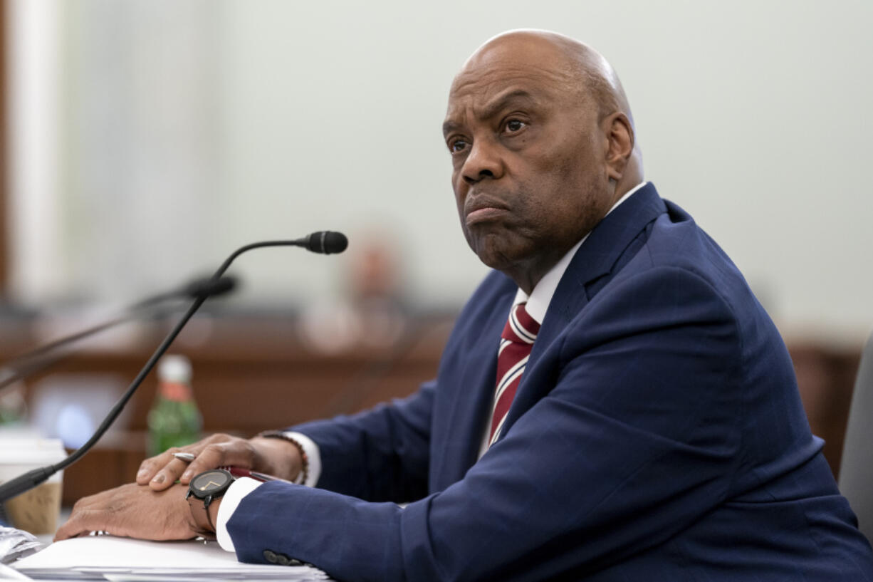 FILE - Phillip Washington, the nominee to become administrator of the Federal Aviation Administration, testifies before the Senate Commerce, Science and Transportation Committee at the Capitol in Washington, March 1, 2023. A vote on President Joe Biden's choice to run the Federal Aviation Administration, Denver International Airport CEO Washington, was delayed indefinitely Wednesday, March 22, in the face of an opposition blitz by Republicans, who say the nominee lacks enough experience in aviation to lead the agency, which is under pressure to stem a surge is dangerous close calls between planes. (AP Photo/J.