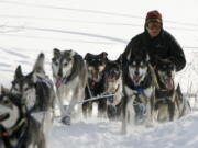 FILE - Martin Buser drives his team off of the Takotna River and into the Takotna, Alaska, checkpoint on the Iditarod Trail Sled Dog Race on March 11, 2009. Only 33 mushers will participate in the ceremonial start of the Iditarod on Saturday, March 4, the smallest field ever to take their dog teams nearly 1,000 miles (1,609 kilometers) over Alaska's unforgiving wilderness. This year's lineup is smaller even than the 34 mushers who lined up for the very first race in 1973.