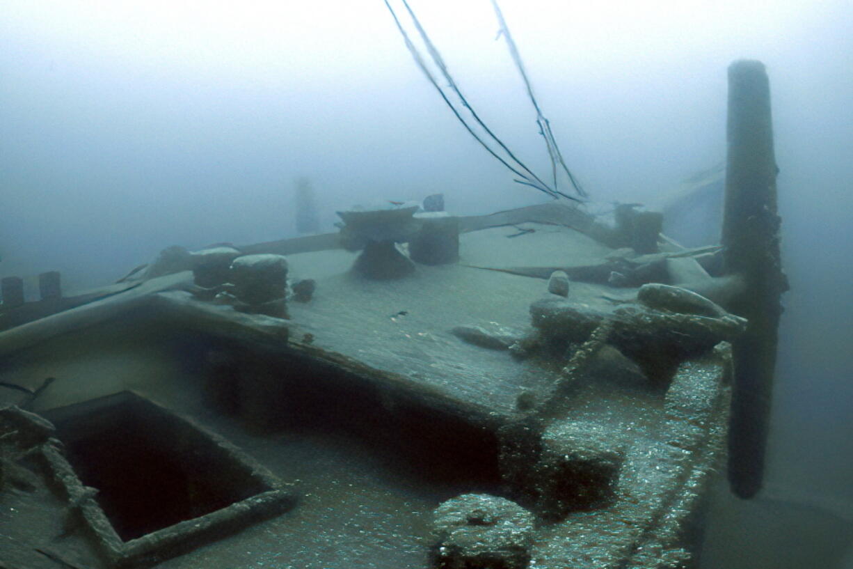 In this image taken from video provided by the Thunder Bay National Marine Sanctuary, the bow of the Ironton is seen in Lake Huron off Michigan's east coast in a June 2021 photo. Searchers have found the long-lost Great Lakes ship that came to a tragic end. Officials with the sanctuary in Alpena, Mich,, say they've located the Ironton, a freight schooner that plunged to the bottom of Lake Huron in 1894. The Ironton collided with another vessel in rough seas. Reports at the time said the seven-member crew scrambled into a lifeboat but it was tethered to the ship and pulled down. Five crewmen died.