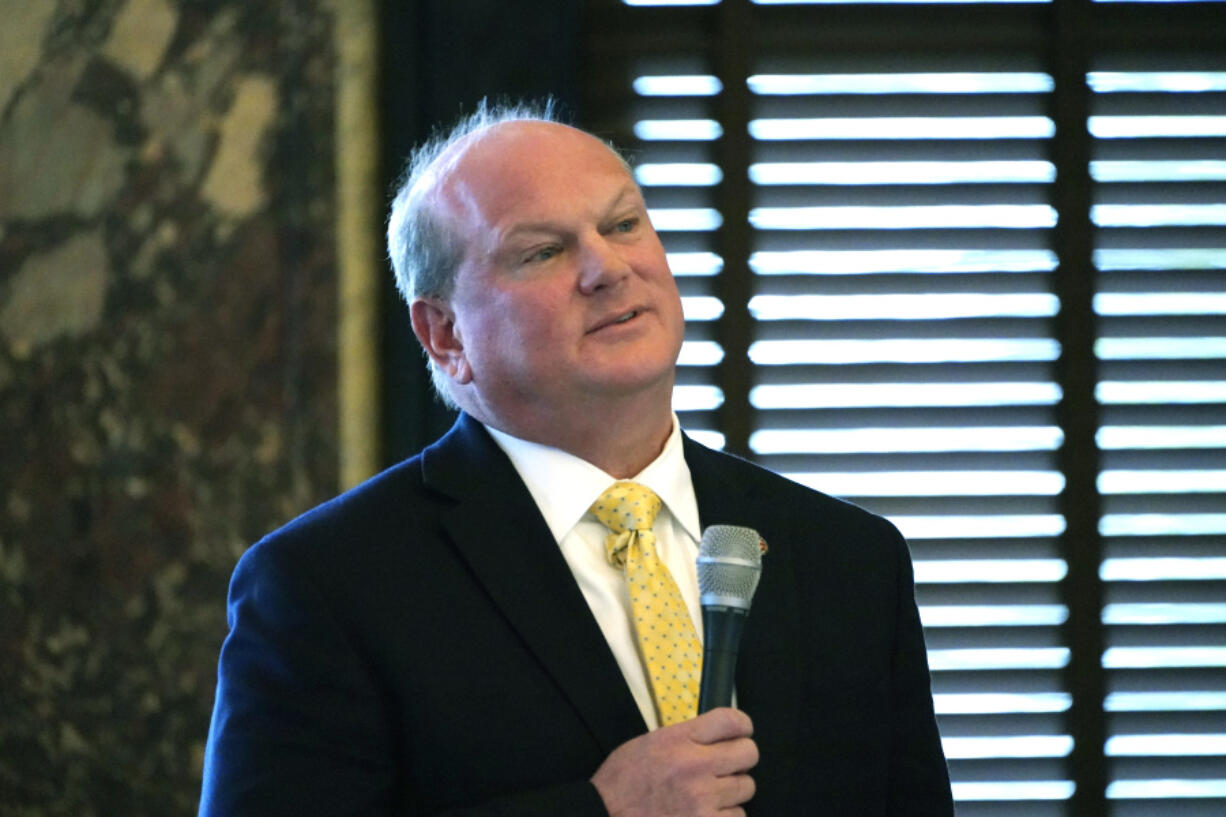 State Sen. Brice Wiggins, R-Pascagoula, questions state Sen. Brice Wiggins, R-Pascagoula, regarding legislation that would place new restrictions on car manufacturers for opening brick-and-mortar car dealerships, Thursday, March 2, 2023, in the Chamber at the Mississippi Capitol in Jackson, Miss. The bill, which passed, sparked an intraparty debate among Republican lawmakers, with opponents arguing it would stop electric car makers from bringing new technology and jobs to the state. (AP Photo/Rogelio V.