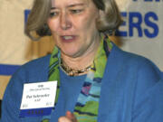 FILE - Association of American Publishers President Pat Schroeder attends the AAP's 2004 general annual meeting in Washington on Feb. 26, 2004. Schroeder, a former Colorado representative and pioneer for women's and family rights in Congress, died Monday night, March 13, 2023, at the age of 82. Schroeder's former press secretary, Andrea Camp, said Schroeder suffered a stroke recently and died at a hospital in Florida, the state where she had been residing.