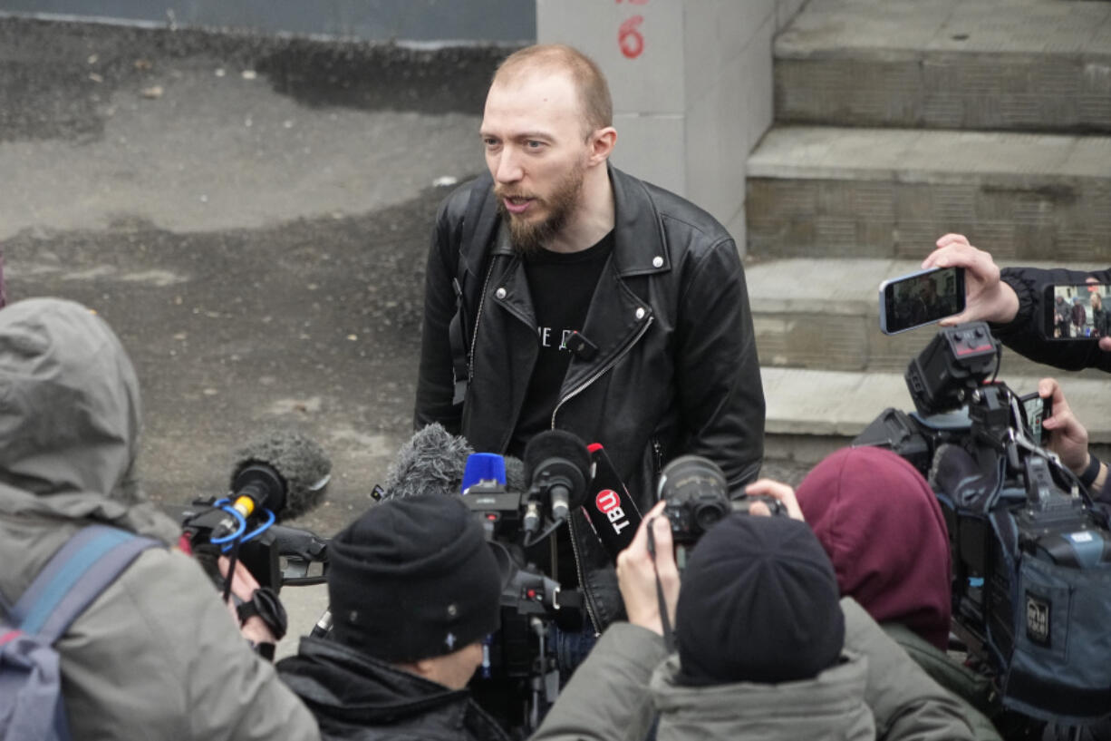 Daniil Berman, the lawyer of arrested Wall Street Journal reporter Evan Gershkovich, speaks to journalists near the Lefortovsky court, in Moscow, Russia, Thursday, March 30, 2023. Russia's top security agency says an American reporter for the Wall Street Journal has been arrested on espionage charges. The Federal Security Service said Thursday that Evan Gershkovich was detained in the Ural Mountains city of Yekaterinburg while allegedly trying to obtain classified information.