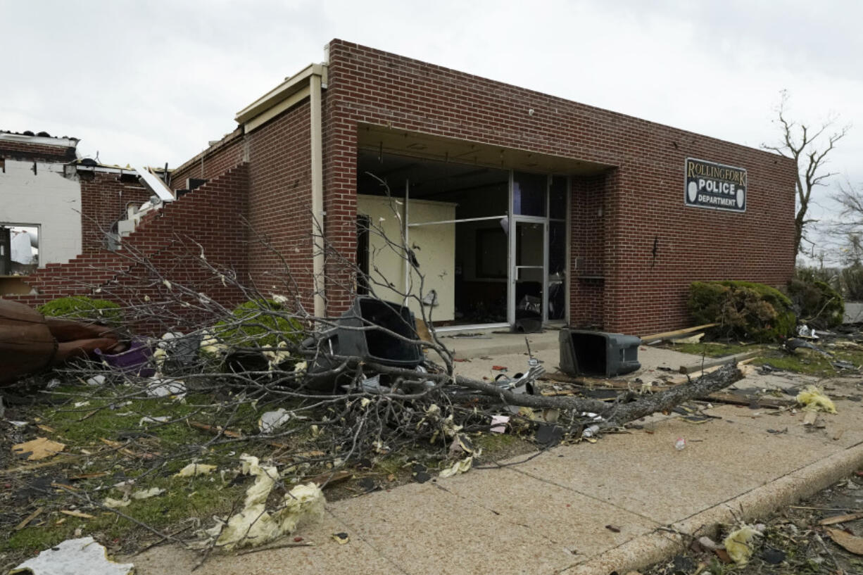 The Rolling Fork Police Station was heavily damaged by the Friday night tornado that hit the Mississippi Delta community as photographed Sunday, March 26, 2023. The station was among the public buildings heavily damaged or destroyed by the Friday night tornado that hit Rolling Folk, Miss. (AP Photo/Rogelio V.