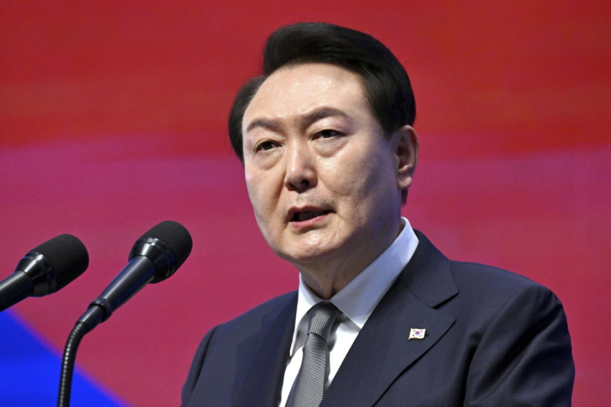 South Korea's President Yoon Suk Yeol speaks during a ceremony of the 104th anniversary of the March 1st Independence Movement Day against Japanese colonial rule, in Seoul Wednesday, March 1, 2023.