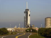 A SpaceX Falcon 9 rocket with the crew capsule Endeavour stands ready on pad 39A at the Kennedy Space Center in Cape Canaveral, Fla., Wednesday, March 1, 2023. The launch is scheduled for early Thursday morning.