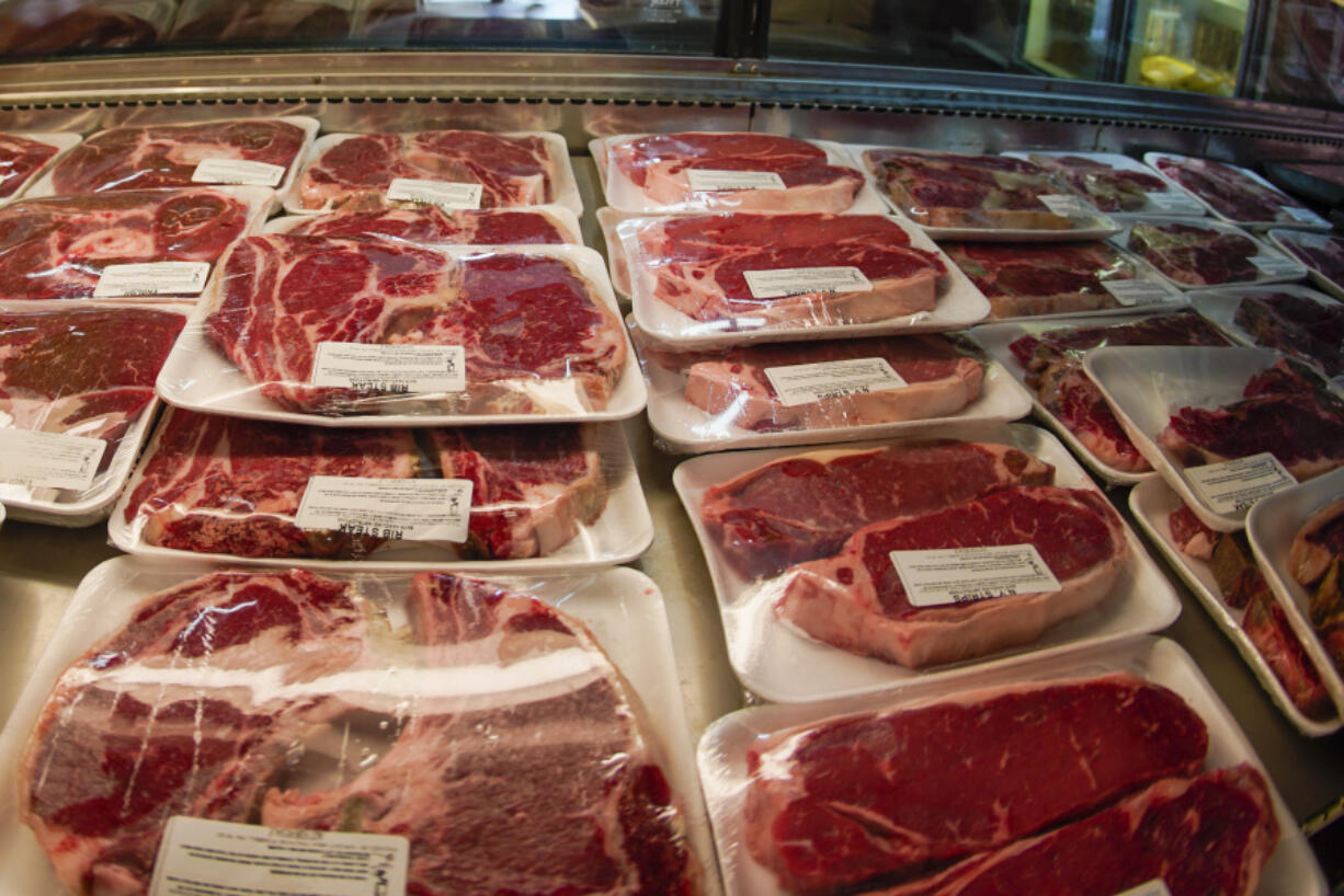 FILE - In this photo made on June 16, 2022, rows of fresh cut beef is in the coolers of the retail section at the Wight's Meat Packing facility in Fombell, Pa.