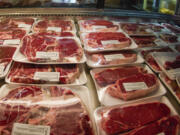 FILE - In this photo made on June 16, 2022, rows of fresh cut beef is in the coolers of the retail section at the Wight's Meat Packing facility in Fombell, Pa.