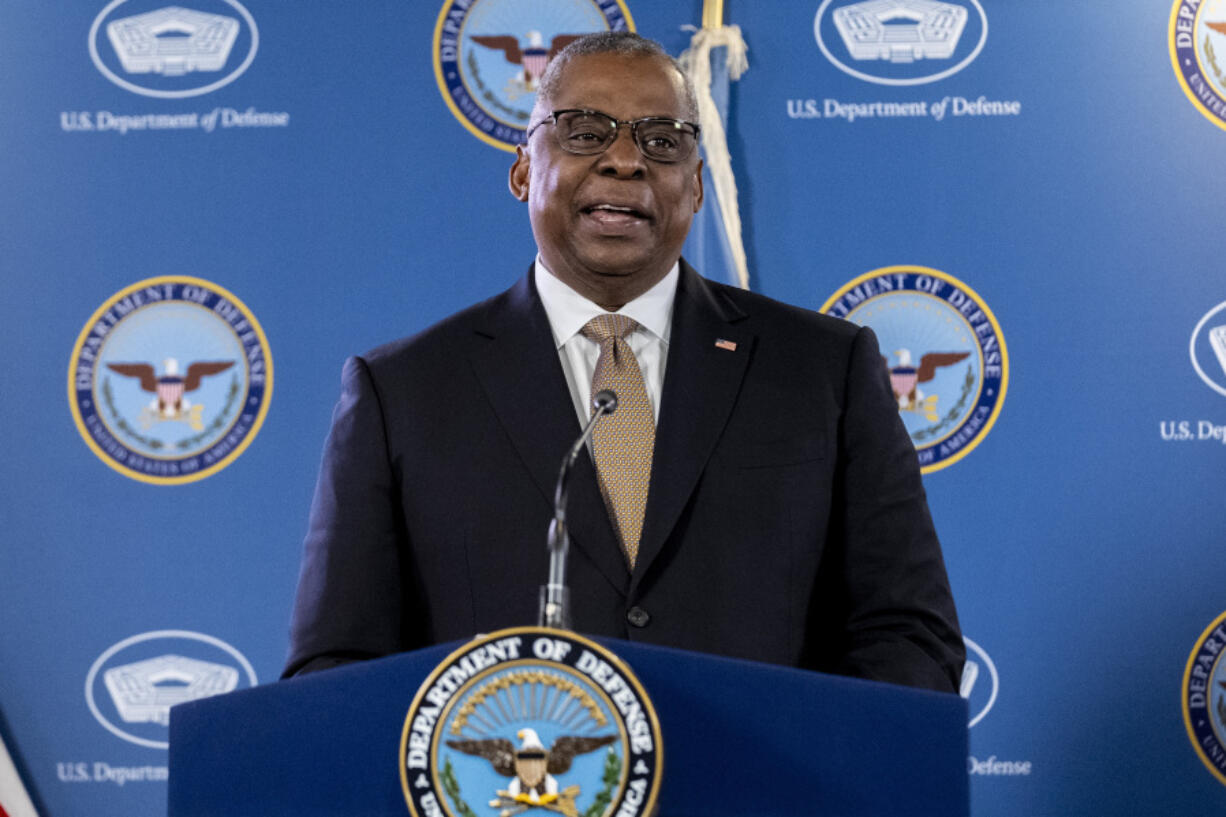 Secretary of Defense Lloyd Austin, speaks during a briefing with Chairman of the Joint Chiefs, Gen. Mark Milley at the Pentagon in Washington, Wednesday, March 15, 2023.