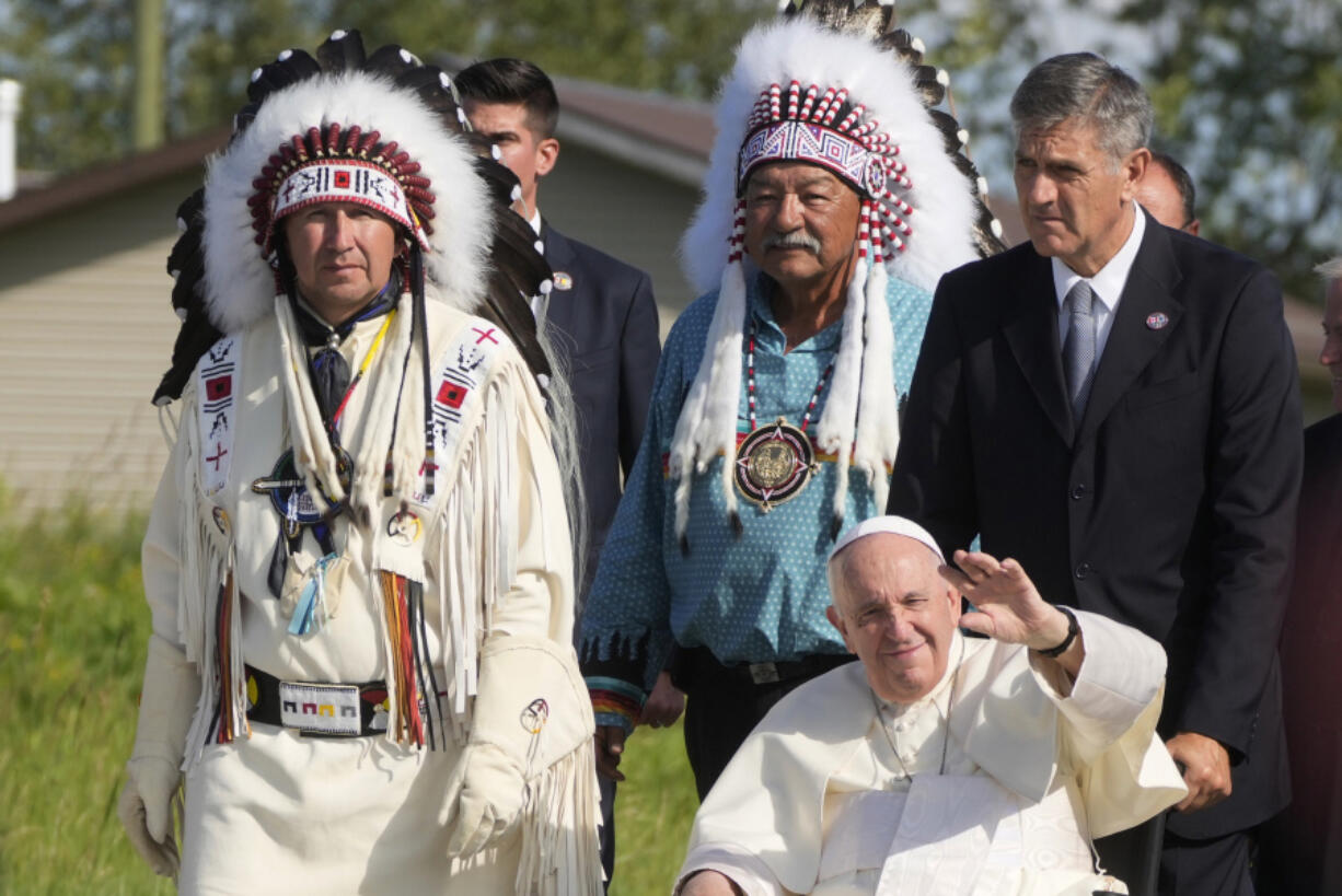 FILE - Pope Francis arrives for a pilgrimage at the Lac Saint Anne, Canada, on July 26, 2022. The Vatican on Thursday, March 30, 2023, responded to Indigenous demands and formally repudiated the "Doctrine of Discovery," the theories backed by 15th-century "papal bulls" that legitimized the colonial-era seizure of Native lands and form the basis of some property law today.