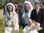 FILE - Pope Francis arrives for a pilgrimage at the Lac Saint Anne, Canada, on July 26, 2022. The Vatican on Thursday, March 30, 2023, responded to Indigenous demands and formally repudiated the "Doctrine of Discovery," the theories backed by 15th-century "papal bulls" that legitimized the colonial-era seizure of Native lands and form the basis of some property law today.