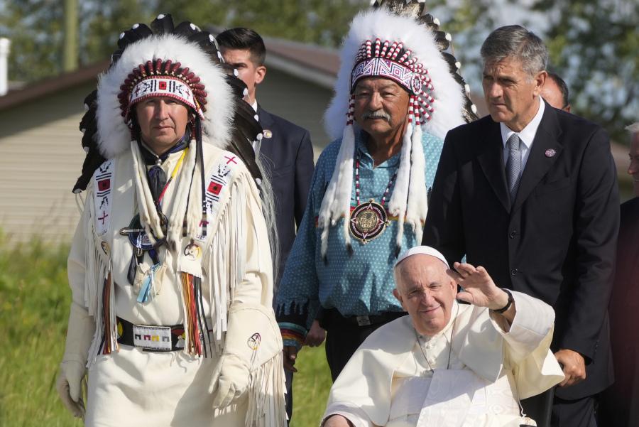 FILE - Pope Francis arrives for a pilgrimage at the Lac Saint Anne, Canada, on July 26, 2022, as he crisscrossed Canada delivering long overdue apologies to the country's Indigenous groups for the decades of abuses and cultural destruction they suffered at Catholic Church-run residential schools. Pope Francis' first 10 years as pope have been marked by several historic events, as well as several unplanned moments or comments that nevertheless helped define the contours and priorities of history's first Latin American pope.