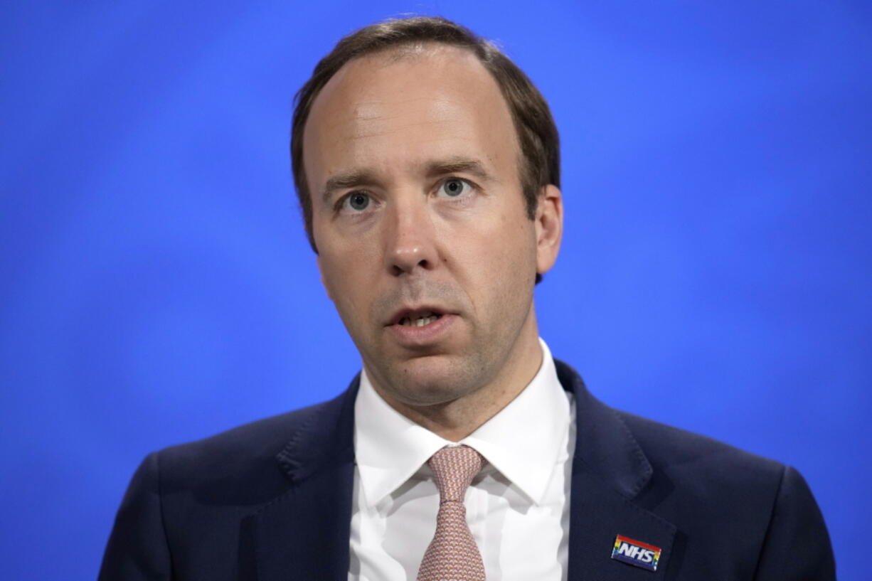 FILE - Britain's Health Secretary Matt Hancock speaks during a coronavirus media briefing in Downing Street in London, Thursday, May 27, 2021. Britain's former health minister Hancock denied wrongdoing on Wednesday, March 1, 2023, after a newspaper published extracts of private messages he sent in the first weeks of the coronavirus pandemic.