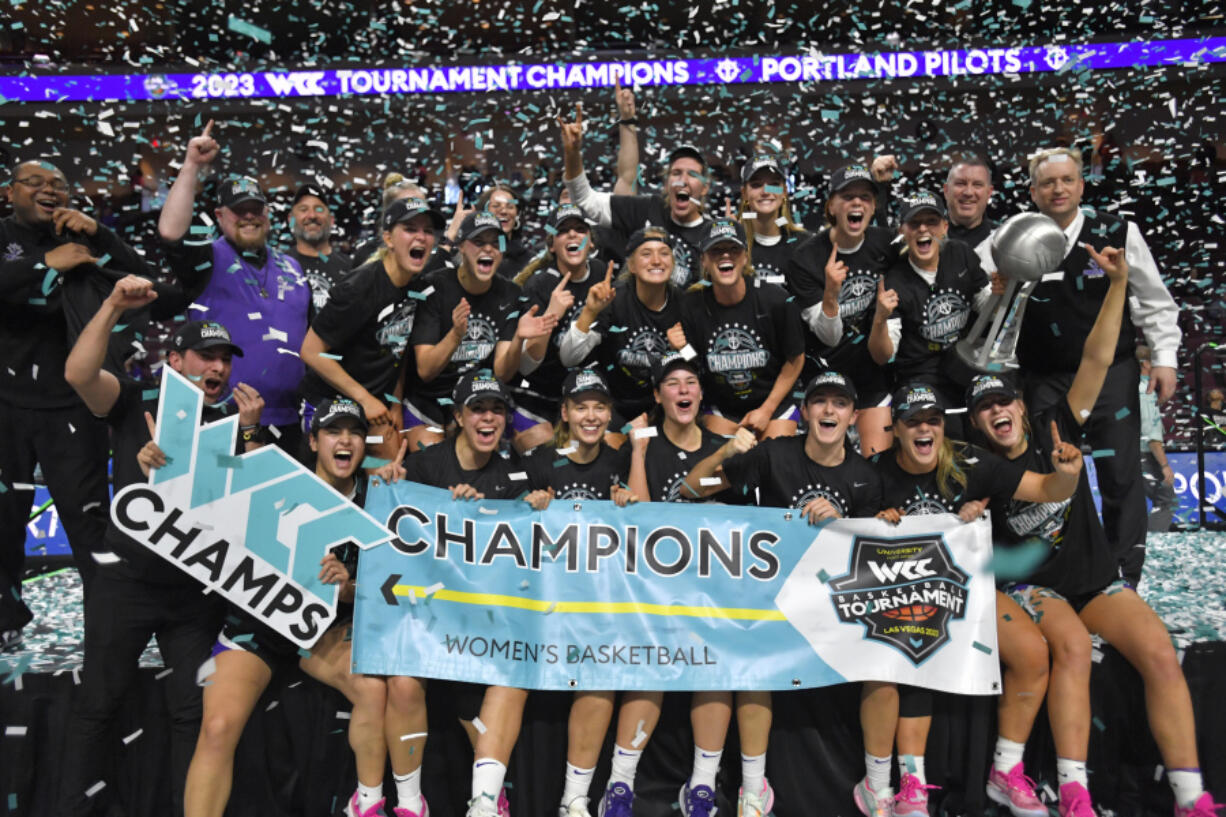 Portland celebrates after defeating Gonzaga in an NCAA college basketball game in the final of the West Coast Conference women's tournament Tuesday, March 7, 2023, in Las Vegas.