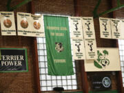 Banners hang in the gymnasium at the Washington School for the Deaf on Tuesday, March 28, 2023. The school will receive nearly $15.4 million from the recently approved state capital budget for additional construction costs for a physical education building and other improvement projects.