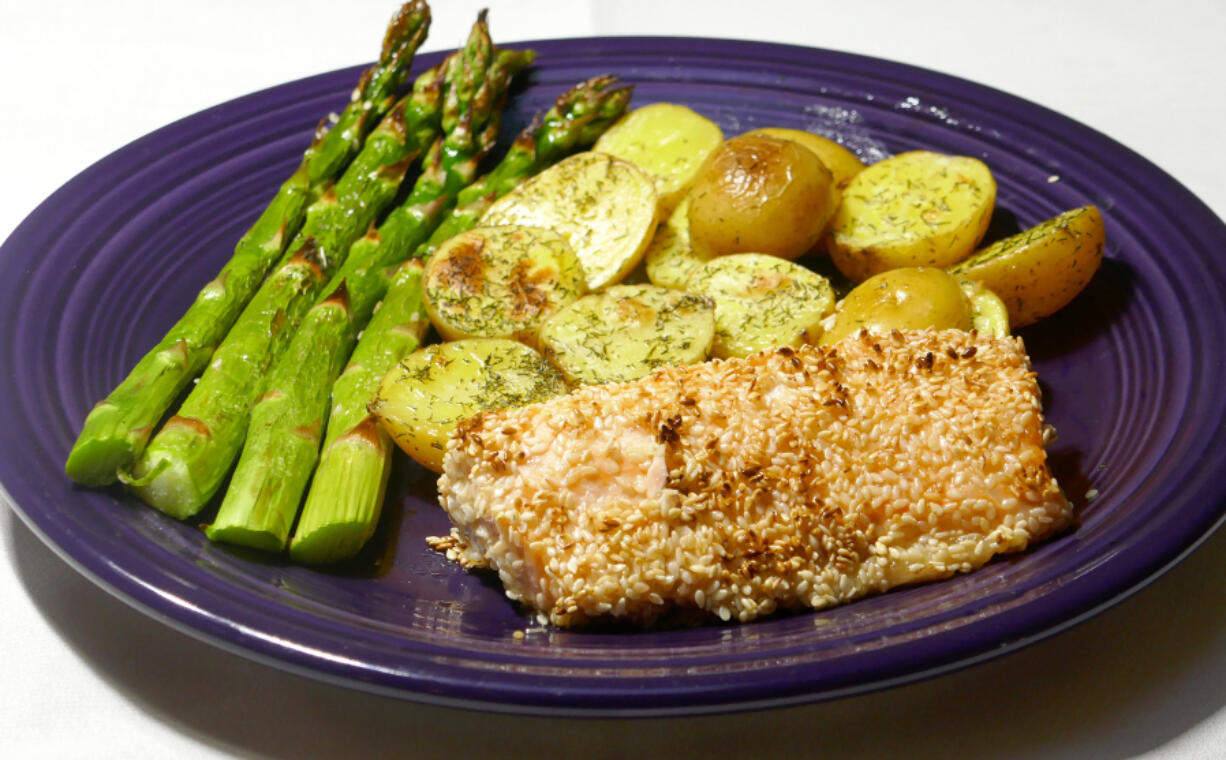 Sheet-Pan Sesame Salmon with Asparagus and New Potatoes.