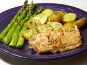 Sheet-Pan Sesame Salmon with Asparagus and New Potatoes.