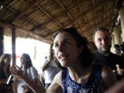 Rebecca Gomperts,  right, founder of the Dutch organization Women on Waves, speaks after a press conference at the Pez Vela Marina in the port of San Jose, Escuintla department, south of Guatemala City, on Feb. 23, 2017.