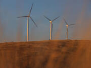 Wind turbines on a hill near Ellensburg, WA, November 19, 2022.