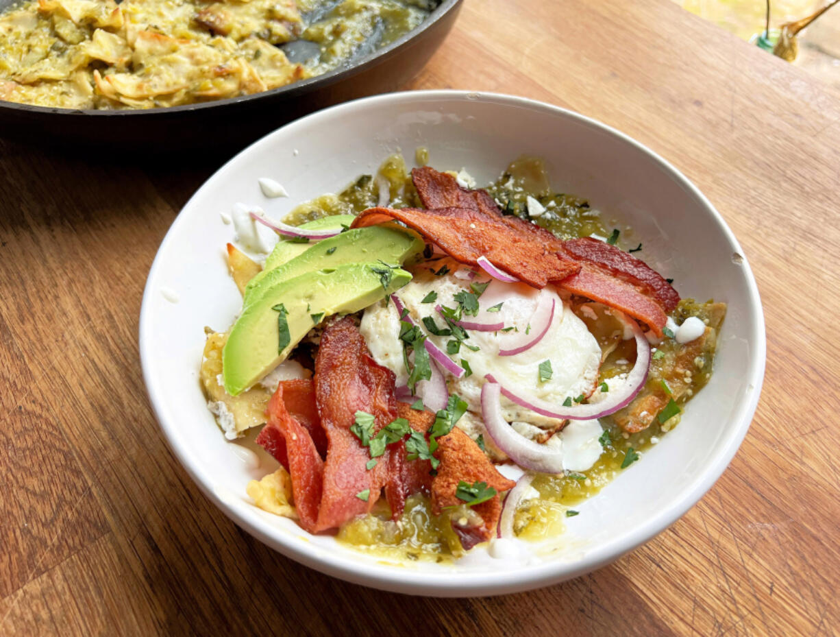 Chilaquiles verde topped with bacon and avocado at Provisions Local Kitchen in Driggs, Idaho.