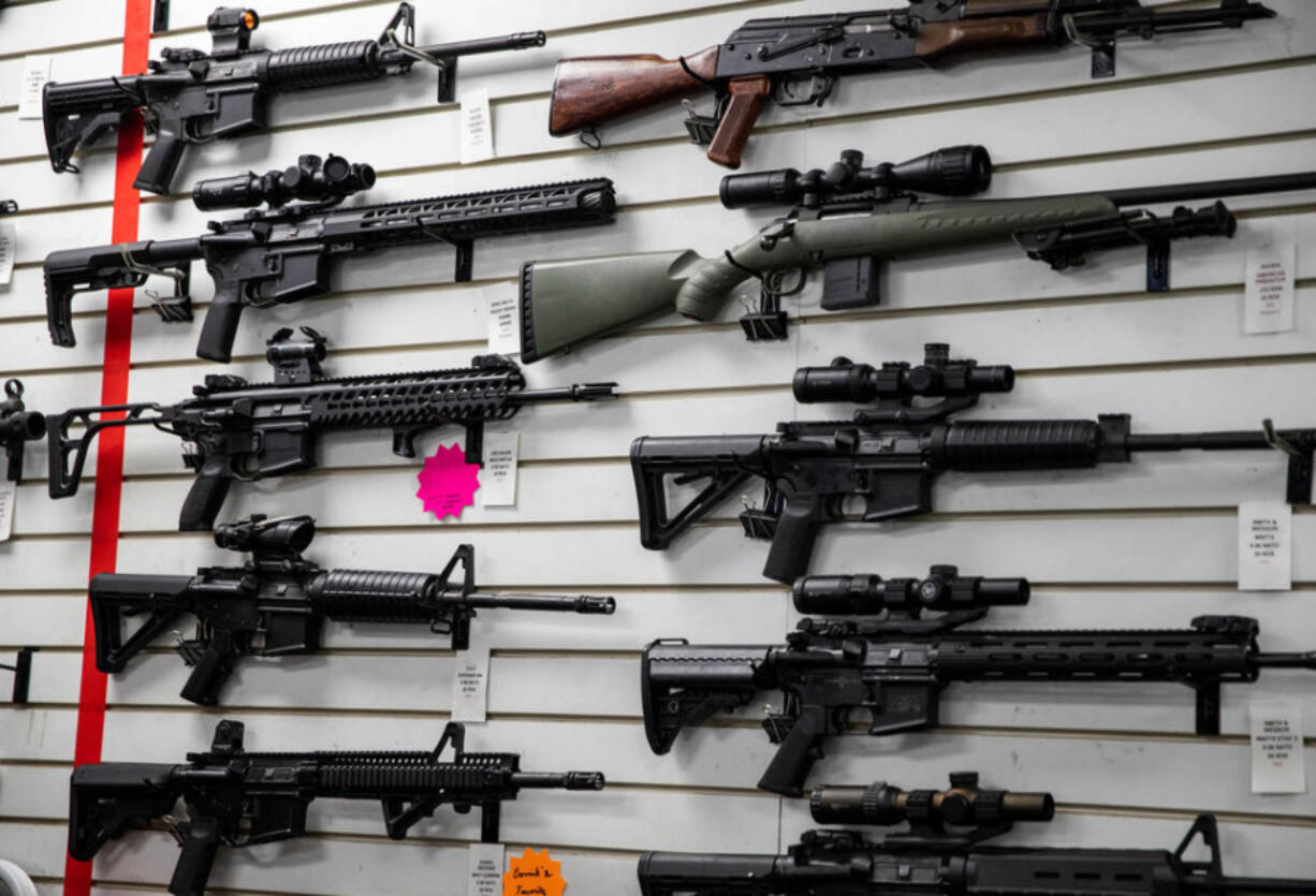 Guns for rent at the Bellevue Indoor Gun Range on Monday, Aug. 22, 2022. The WA legislature has passed a ban on assault-style rifles.