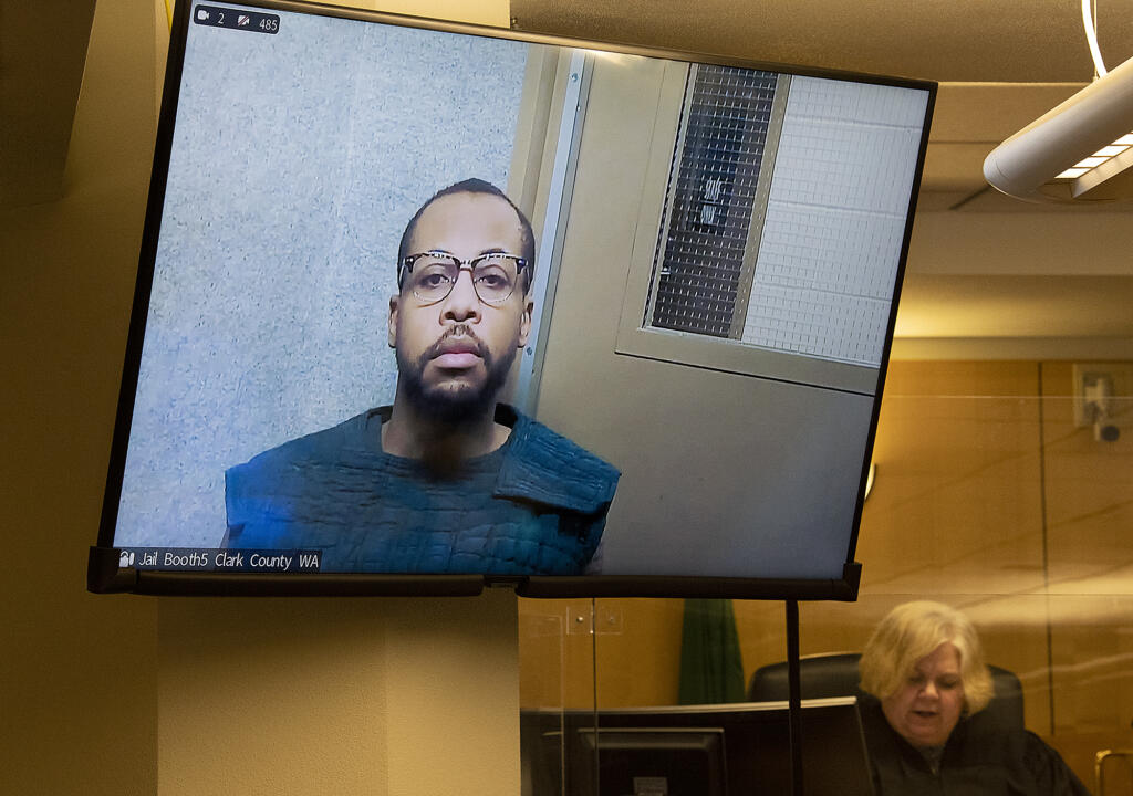 Kirkland Warren makes a first appearance on suspicion of murder in the deaths of his former girlfriend, Meshay Melendez, and her daughter, Layla Stewart, as Judge Suzan Clark looks on at the Clark County Courthouse on Monday afternoon, April 3, 2023.