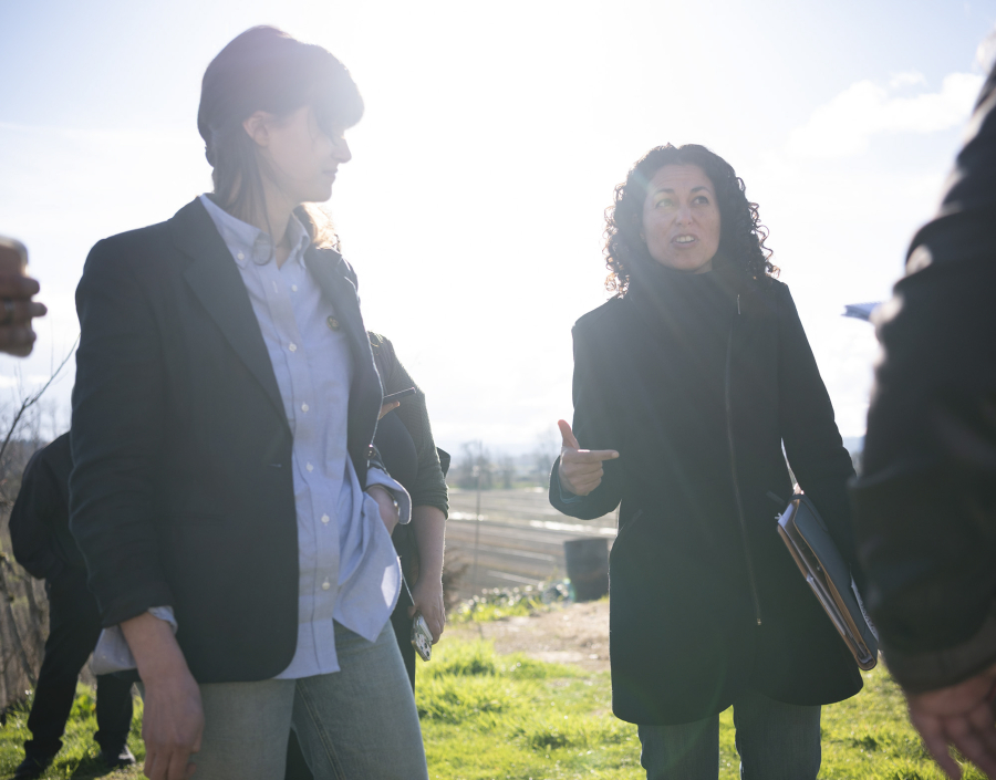 3rd Congressional District Rep. Marie Gluesenkamp Perez, D-Skamania, left, listens to U.S. Department of Agriculture Undersecretary Xochitl Torres-Small answer a question Tuesday at Van der Salm Farms in Woodland.