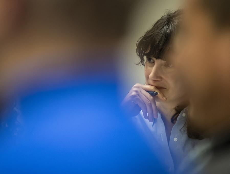 Rep. Marie Gluesenkamp Perez listens during a roundtable at Van der Salm Farms in Woodland, where farmers discussed the challenges of agriculture in Southwest Washington.