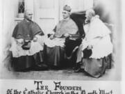 In 1838, chief factor of the Hudson's Bay Company at Fort Vancouver, John McLaughlin, welcomed two Catholic missionary priests to the Northwest. A century later, the "Flotilla of Faith" historical pageant reenacted their arrival using 200 actors. Two Seattle priests were cast as the first Catholic missionaries, Fathers Francis Blanchet (center) and Modeste Demers (right). Bishop Augustin Magloire Alexandre Blanchet is on the left.