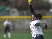 Skyview sophomore Maddie Milhorn pitches the ball Wednesday, April 12, 2023, during the Storm’s 4-0 win against Battle Ground at Fort Vancouver High School.