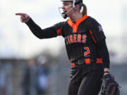 Battle Ground senior Rylee Rehbein points to her catcher after recording a strikeout Wednesday, April 12, 2023, during the Tigers’ 4-0 loss to Skyview at Fort Vancouver High School.