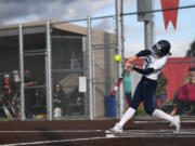 Skyview sophomore Addy Harmier fouls off a ball Wednesday, April 12, 2023, during the Storm’s 4-0 win against Battle Ground at Fort Vancouver High School.