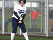 Skyview sophomore Layla Royle celebrates at first base Wednesday, April 12, 2023, during the Storm’s 4-0 win against Battle Ground at Fort Vancouver High School.