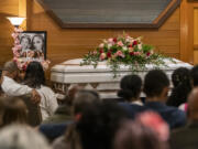 The casket of Meshay Melendez and Layla Stewart sits at the front of a chapel Wednesday, April 19, 2023, during the funeral at Evergreen Memorial Gardens. The Vancouver mother and daughter were reported missing on March 12, having last been seen with Melendez’s former boyfriend Kirkland Warren. Authorities found their bodies March 22 in a rural area east of Washougal. The Clark County Medical Examiner’s Office determined both died from gunshot wounds to the head. Warren, being held without bail, has pled not guilty to aggravated murder charges.