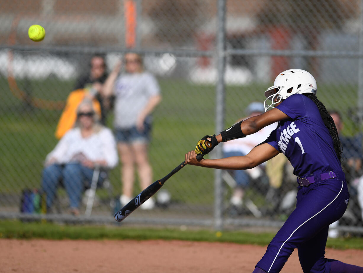 Heritage freshman Jaila Ellis fouls off a pitch Thursday, April 27, 2023, during the Timberwolves’ 2-1 loss to Prairie at Prairie High School.